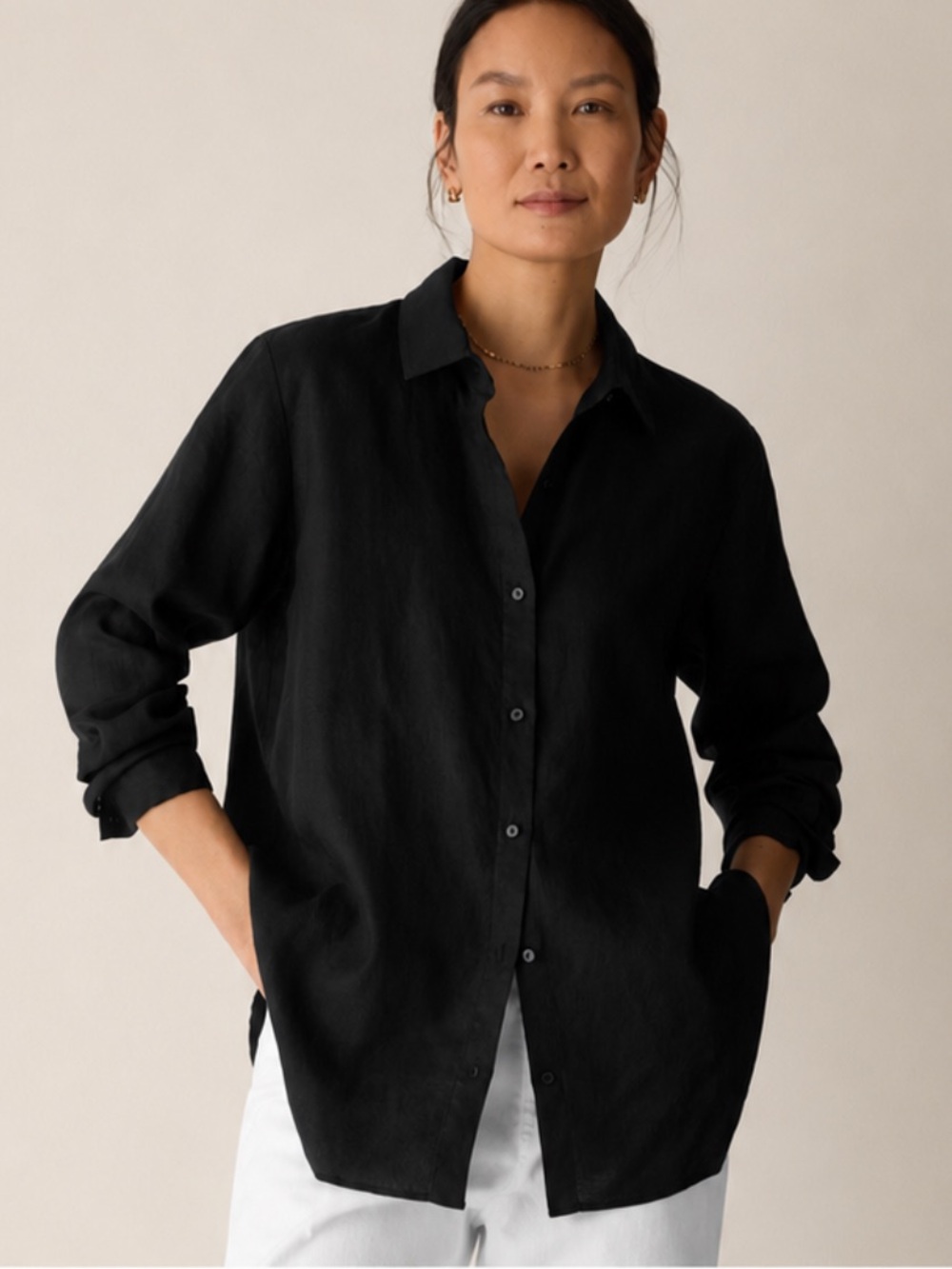 Eileen Fisher Organic Handkerchief Linen Classic Collar Long Sleeve Shirt
